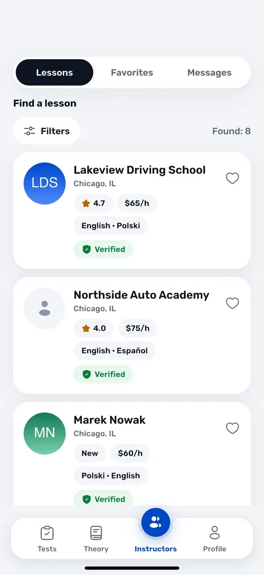 Screens from the Drive USA app: Instructors