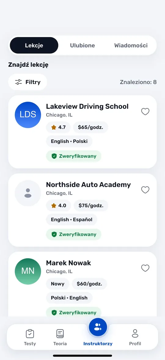 Ekrany aplikacji Drive USA: Instruktorzy